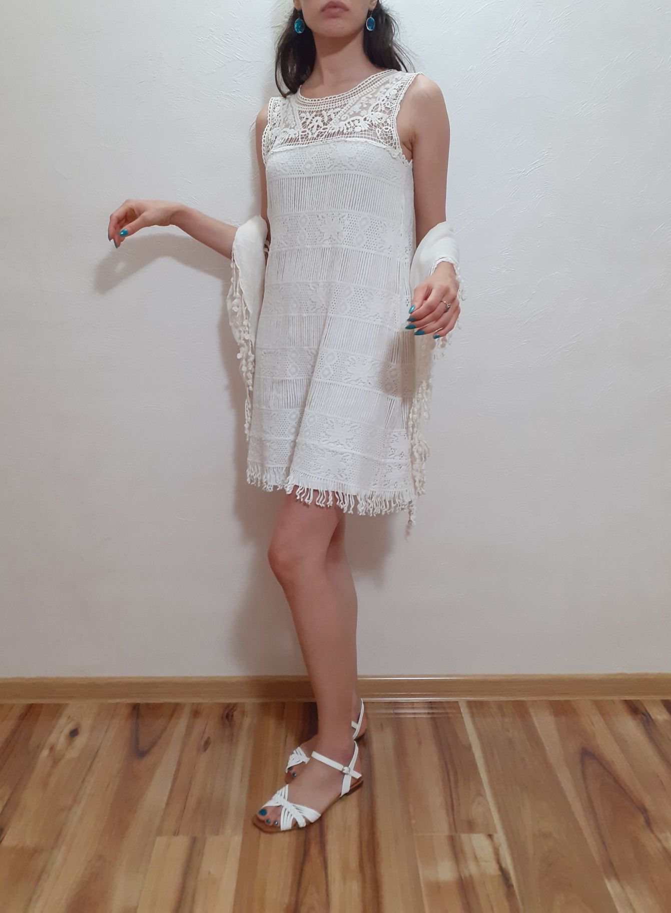 White embroidered boho summer dress Biała sukienka z frędzlami