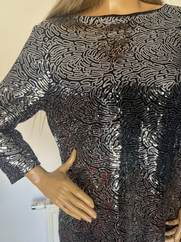 Czarna srebrna cekiny imprezowa sukienka wieczorowa L XL tunika