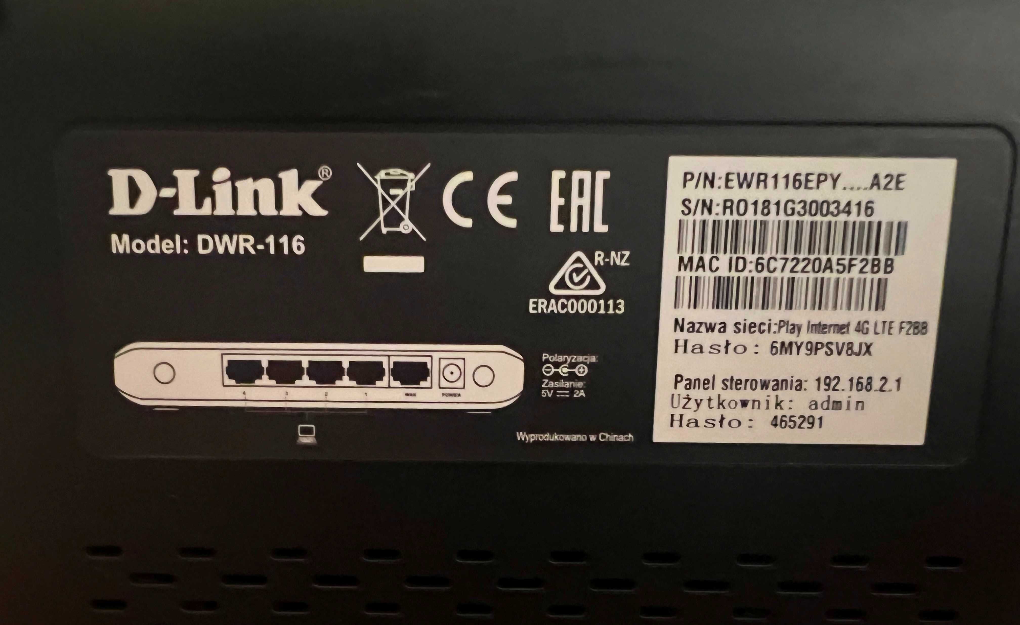 Router D-Link DWR-116 plus Modem USB ZTE mf 823 LTE na kartę sim
