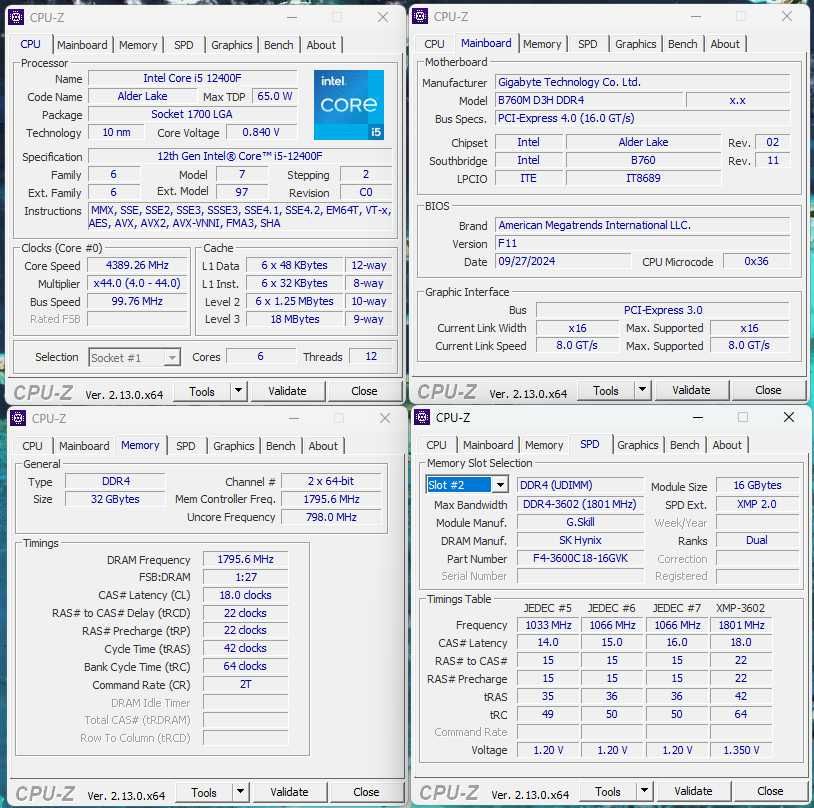 I5-12400F, Gigabyte B760M D3H DDR4, G.Skill Ripjaws DDR4 32GB CL18