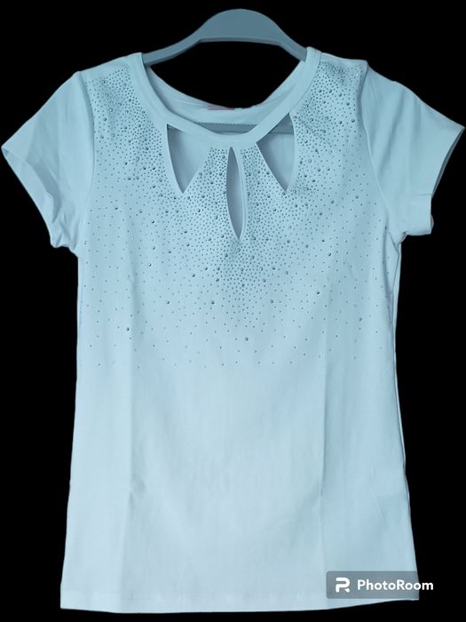 Nowa biała bluzka t shirt cyrkonie dekolt łezki S/M krótki rękaw