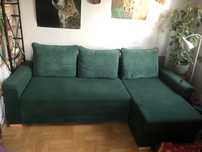 Sofa z leżanką butelkiwa zieleń rozkładana