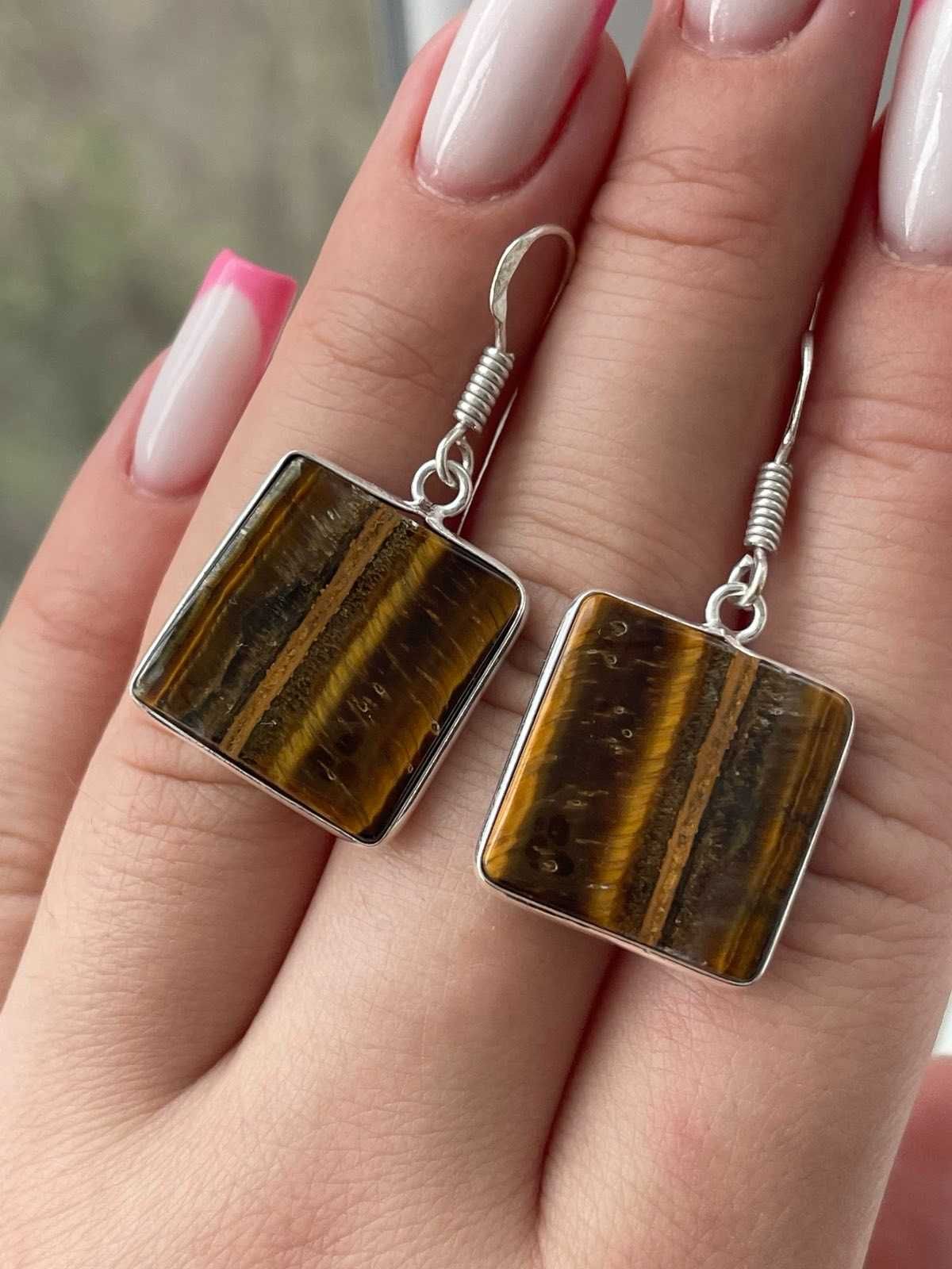 Серьги с тигровым глазом покрытые серебром 925 пробы