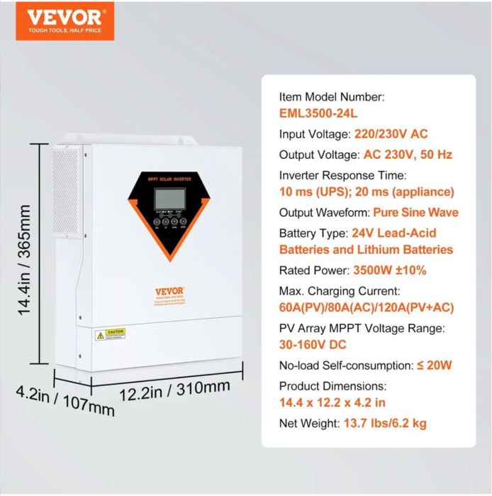 Гібридний інвертор VEVOR EML3500-24L | 3500 Вт 24В