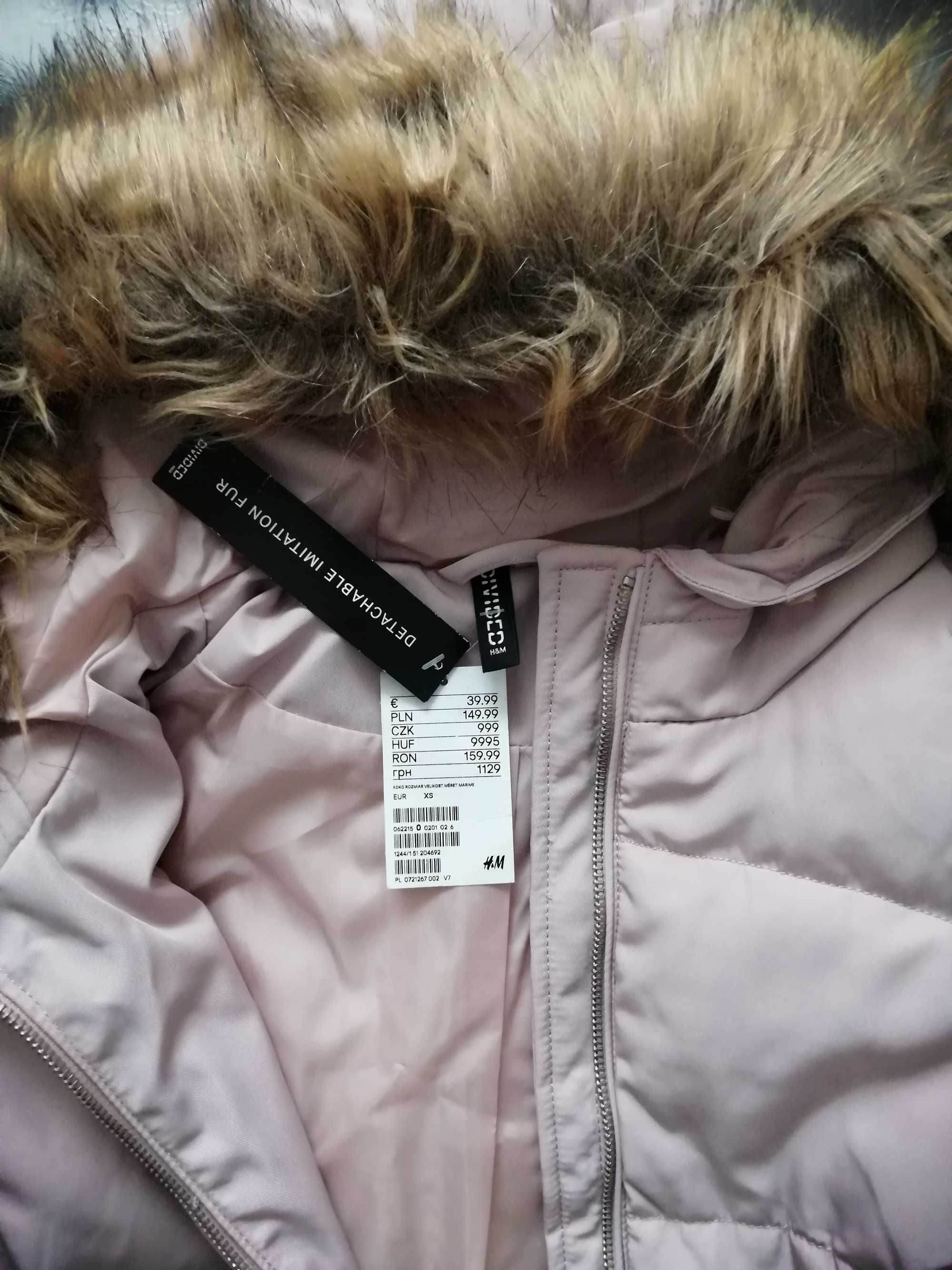 NOWA Kurtka H&M 34 XS 36 S pudrowy róż damska zimowa