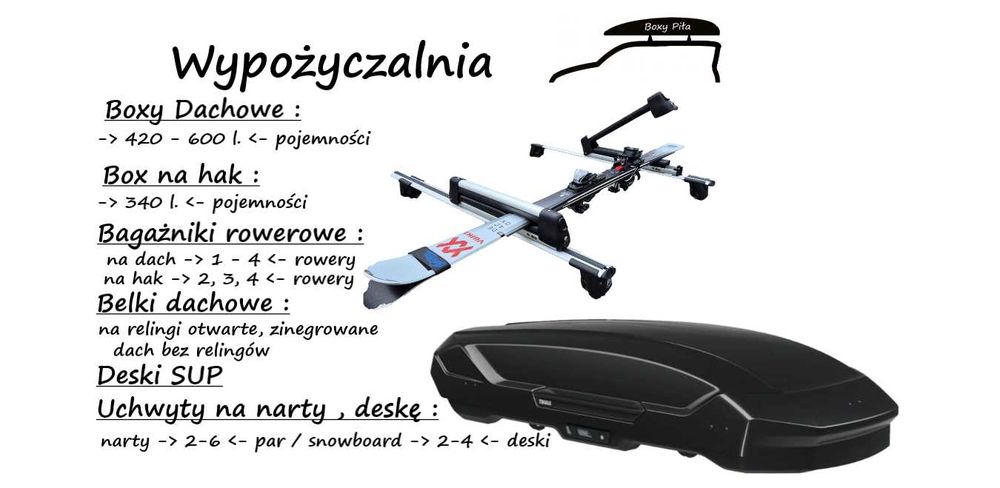 FERIE 2026 Wynajem-Box dachowy, bagażnik WYPOŻYCZALNIA- na narty deskę