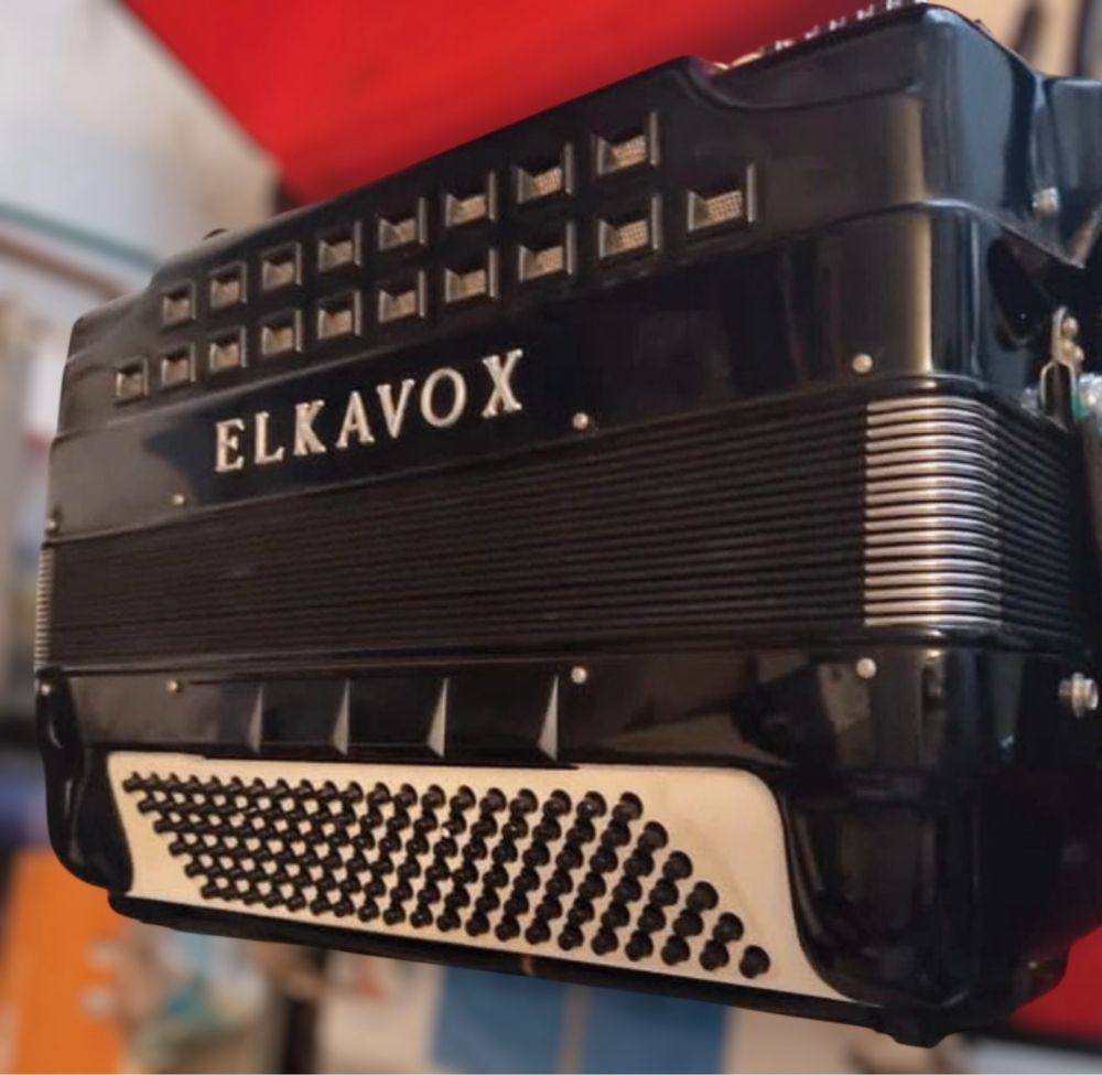 Acordeao Elkavox acustico e eletronico 120baixos, registos
