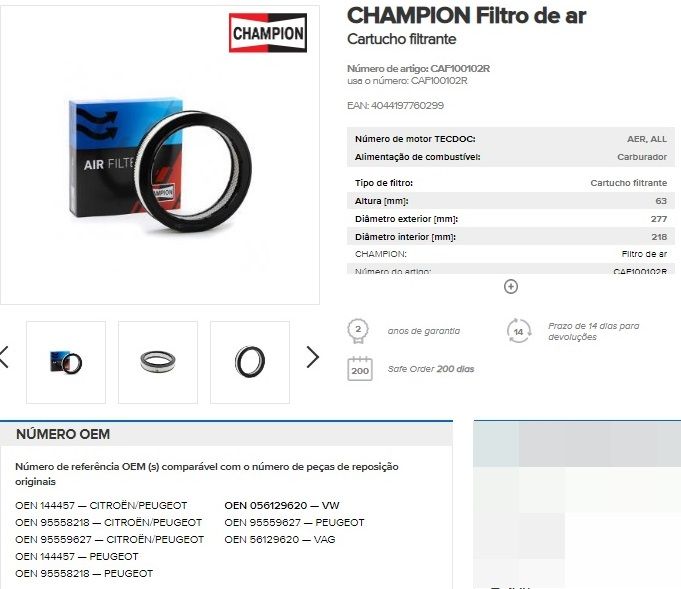 Filtro Ar Motor p/ VW Lupo/Polo, marca CHAMPION