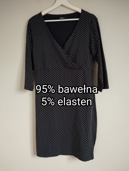 Sukienka ciążowa z bawełny, kopertowy dekolt, granatowa w kropki r. L