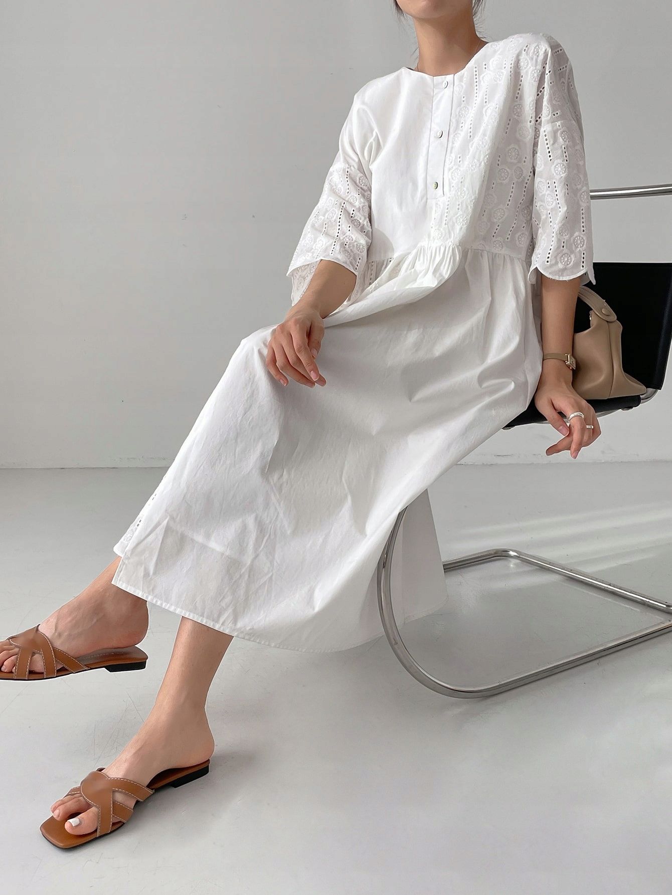 Sukienka Koszulowa Ażurowa Bawełniana Boho Midi Biała Casual Dazy Xxl