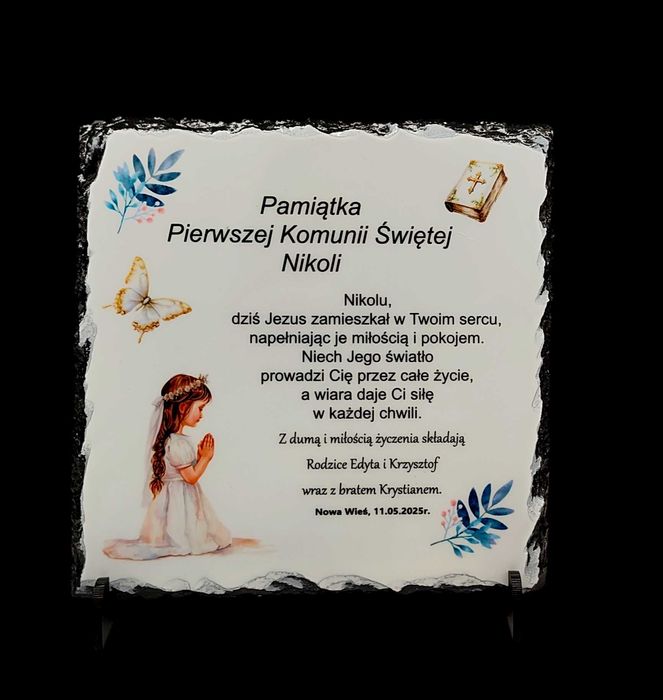 Ramka kamienna pamiątka Komunia Święta dow. tekst foto granit kamień