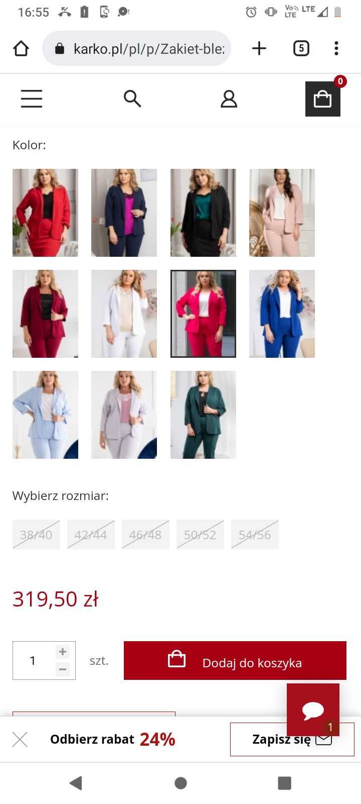 Komplet marynarka i spodnie,kolor róż,rozm.XXL/42