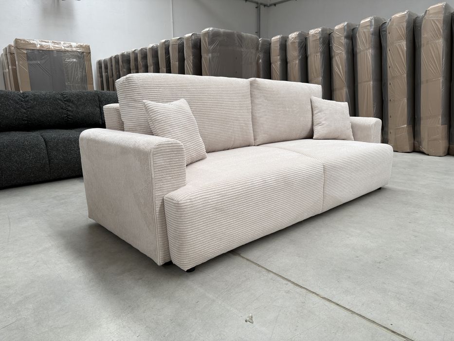 NOWA sofa rozkładana z pojemnikiem BEŻOWY SZTRUKS od ręki wyprzedaż %