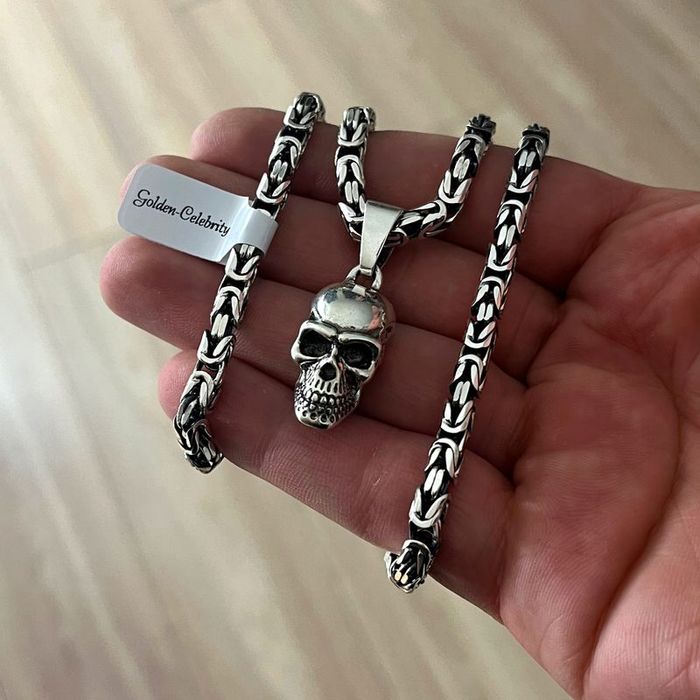 Srebrny Gruby Łańcuszek Splot Królewski + Zawieszka Czaszka / Czacha P