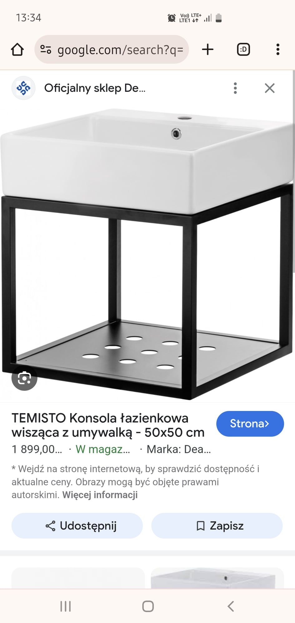 TEMISTO konsola łazienkowa wisząca z umywalką-50x50cm+bateria omnires