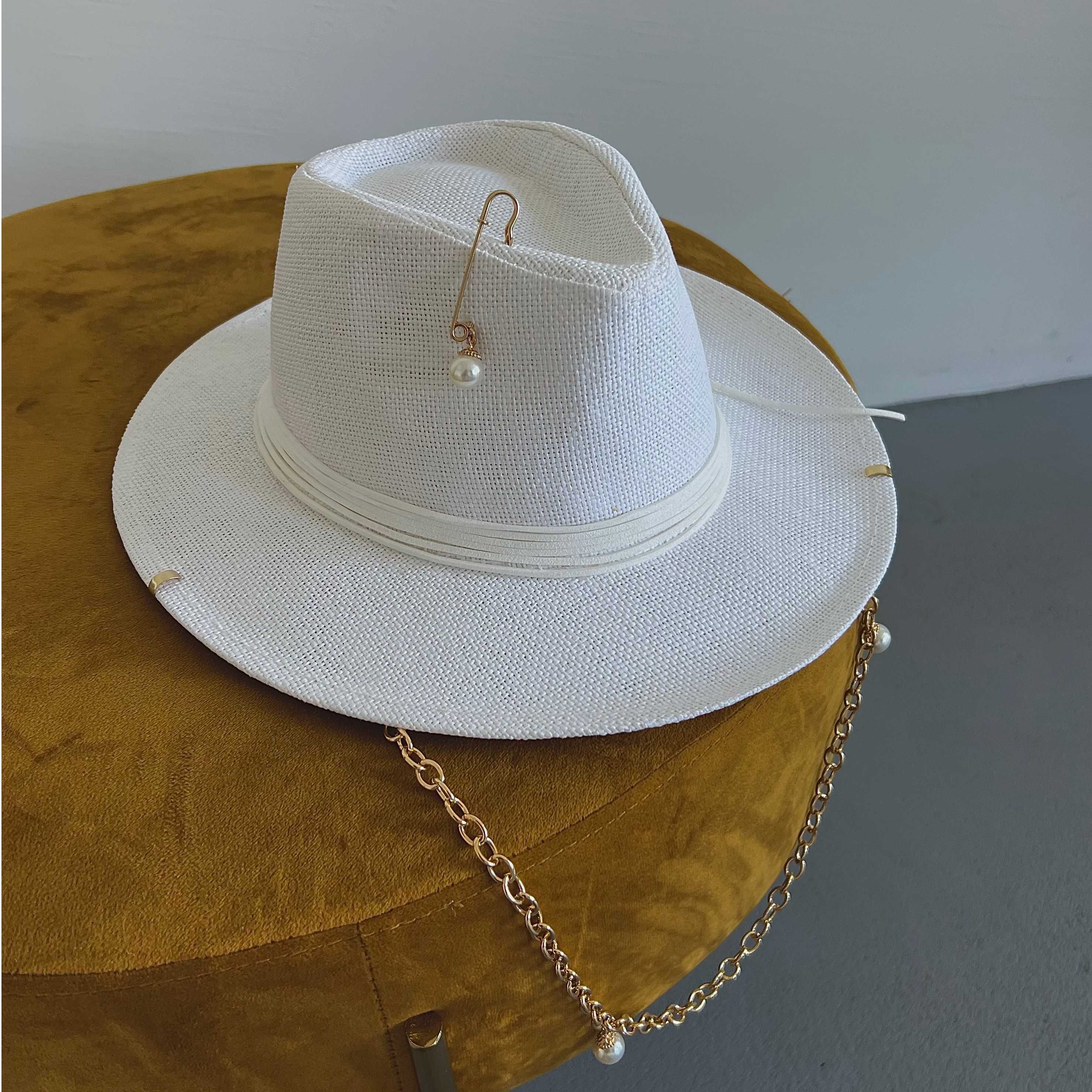 Літній солом'яний капелюх Федора з ланцюжком, Pearls Collection