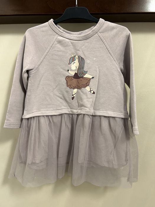 Bawełniana liliowa sukienka tiul jednorożec długi rękaw H&M r. 92