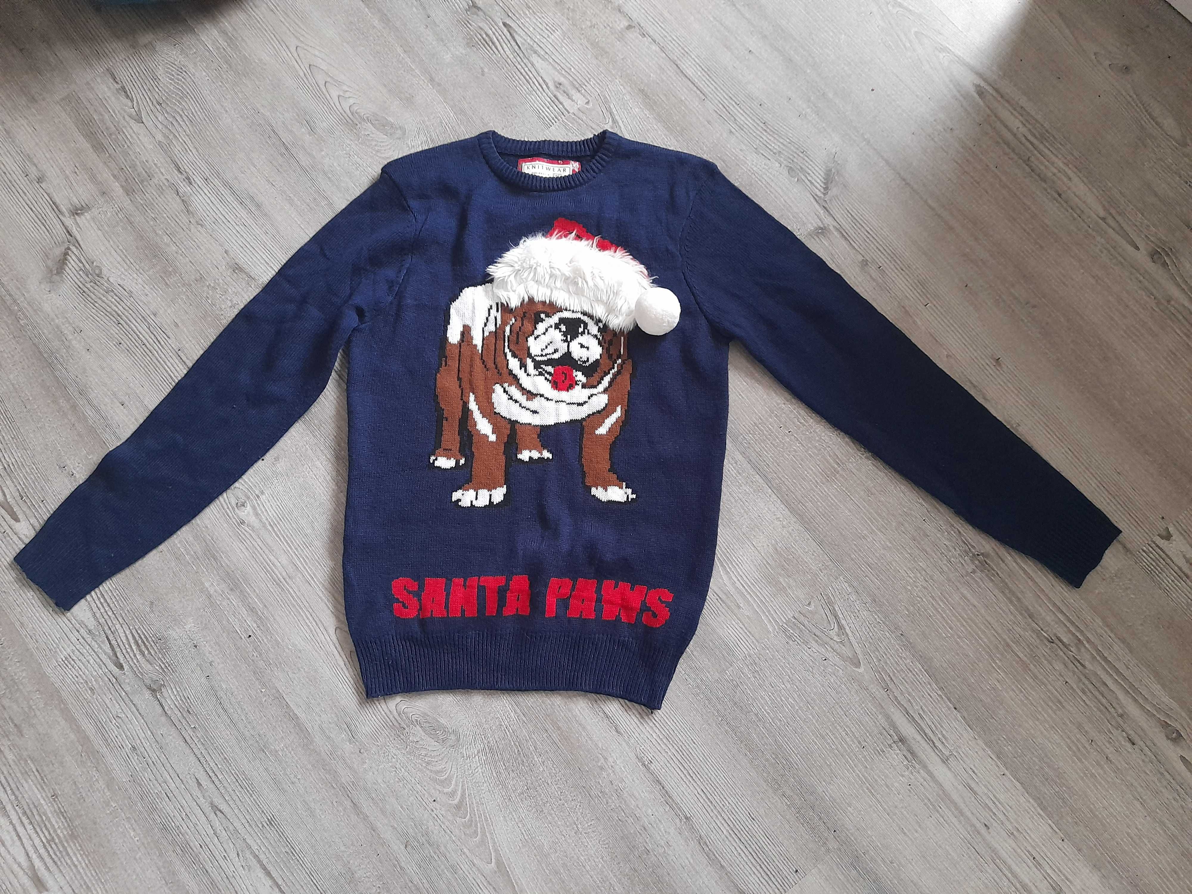 ŚWIĄTECZNY sweter z psem w czapce mikołaja z futrem,Santa Paws r.S