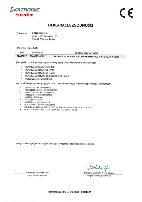 Zasilacz Led Wodoodporny SUPERSLIM 24V/IP67 /12,5A/300W/NEXTECPB030897