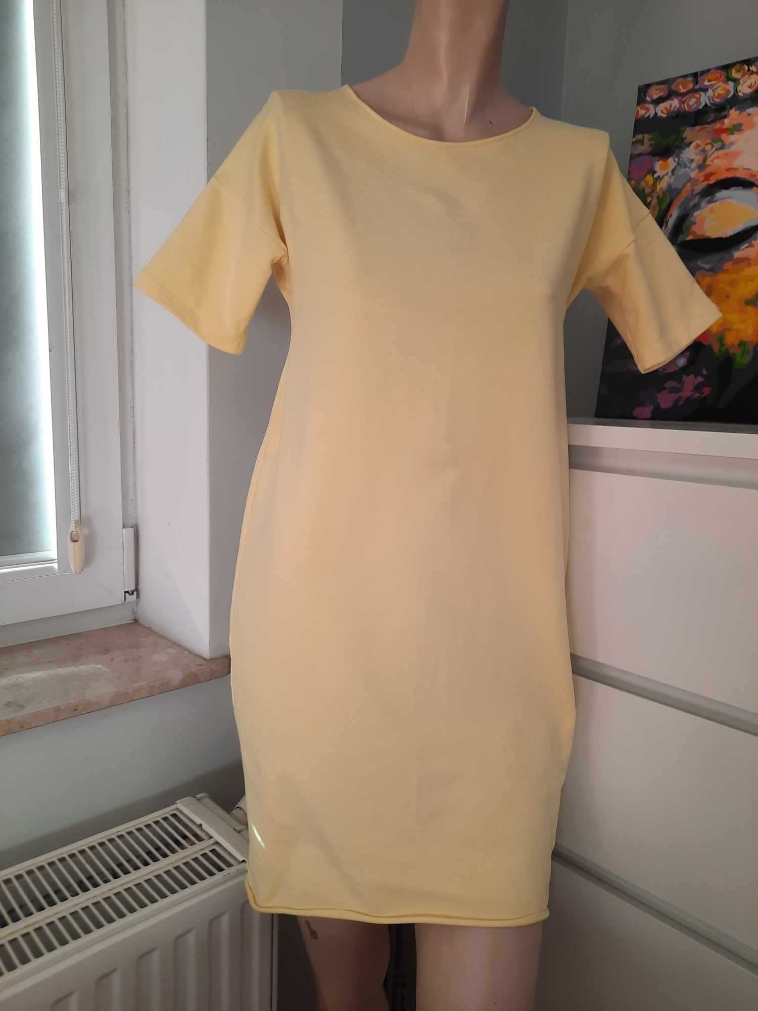 XXL 44 Sukienka z krótkim rękawem elegancka 50% bawełna żółta żółty