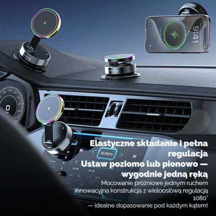 Magnetyczny uchwyt na telefon z ładowarką indukcyjną Magsafe LED 360°