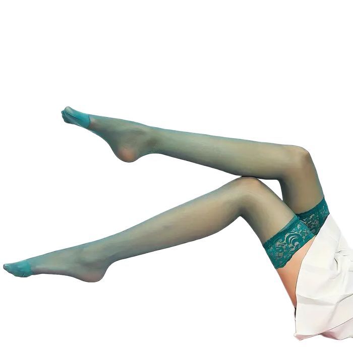 Piękne klasyczne cienkie pończochy damskie samonośne, butelkowa zieleń