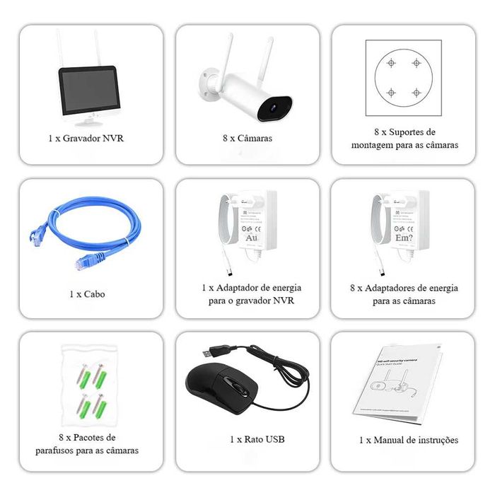 Kit Câmeras Vigilância/ NVR c/ LCD /4 Câmaras/3MP/ Visão Noturna 30 m