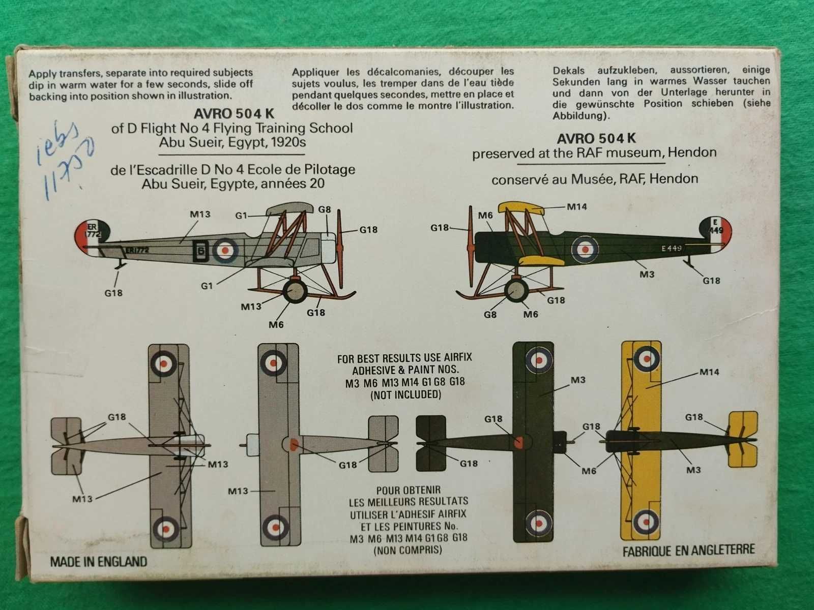 1/72 Airfix 61048-7 Avro 504 K RAF decals kit modelismo FAP Portugal