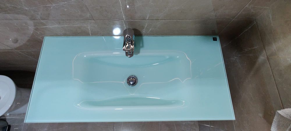 Móvel de casa de banho com lavatório em vidro + torneira + válvula