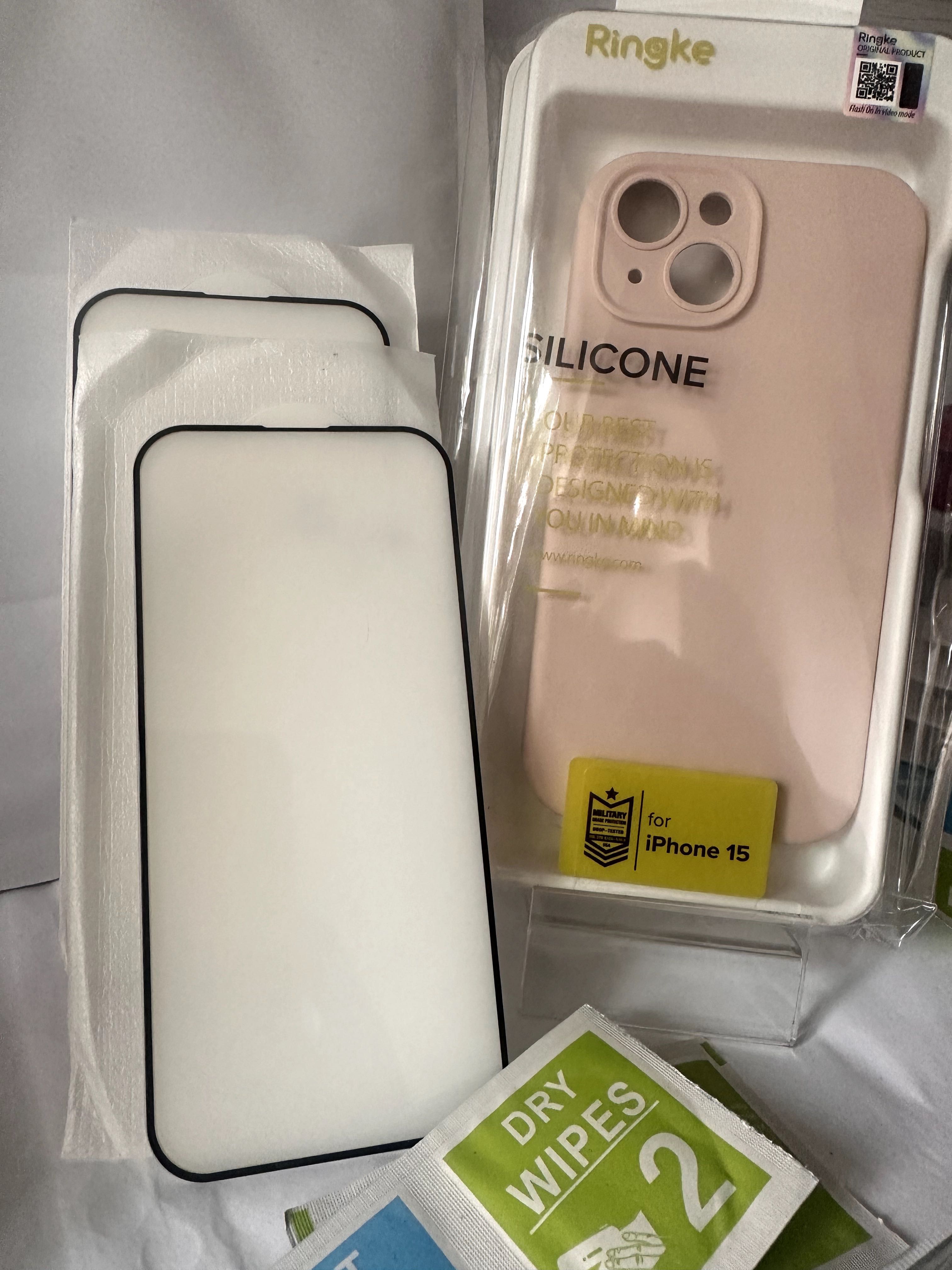 Iphone 15 2 szt. szkieł real 5D + etui RINGKE silicone różowe