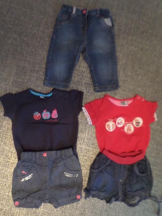 Комплект шорты и футболка 2шт. как новые + джинсы девочке 3-6 мес