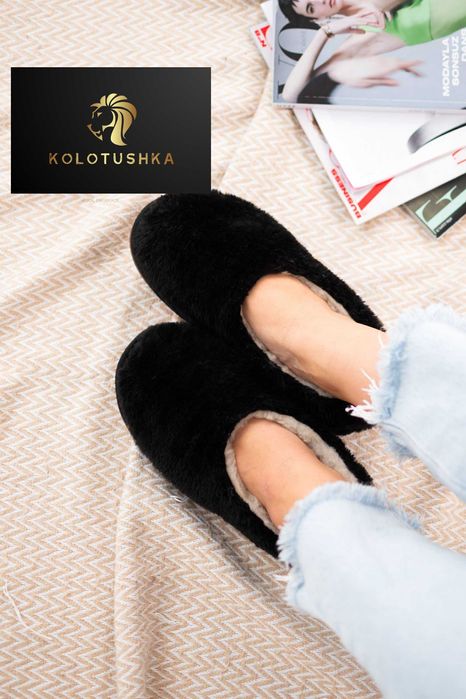 Домашні тапочки з натуральної овчини чорні