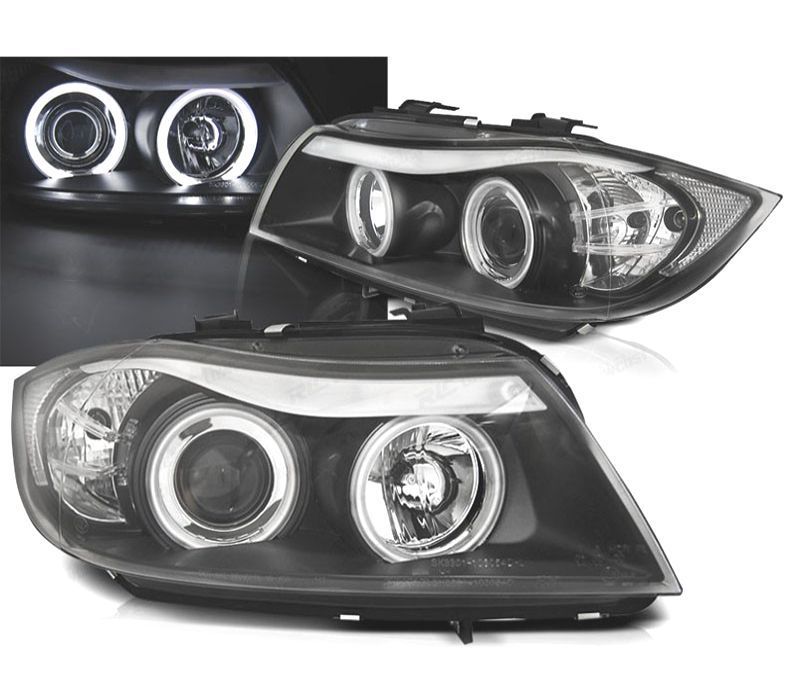 FARÓIS BMW E90 4P 05-08 ANGEL EYES CCFL FUNDO PRETO