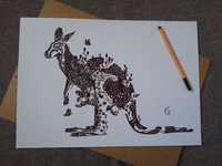 Rysunek: kangurzyca z dzieckiem, cienkopis - blok tech. A3, 250 g/m2