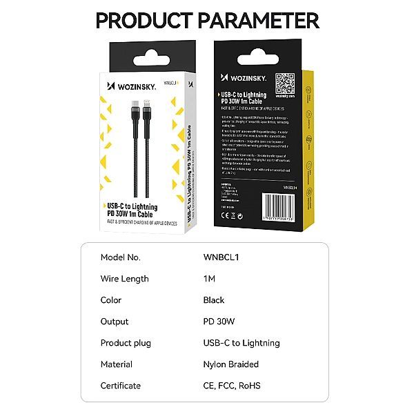 Kabel Wozinsky Wnbcl1 Lightning / Usb-c Pd 30w 1 m - czarny