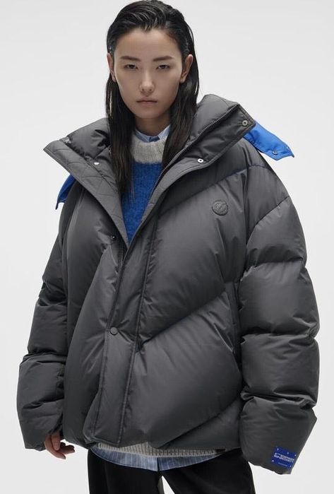 Ader error and zara, сірий пуховик із синім капюшоном із колаборації