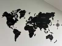 Nowa drewniana Mapa Świata w kolorze czarnym 210x126 cm