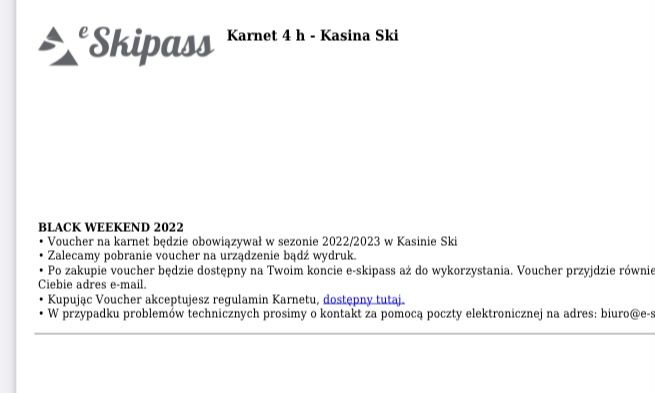 Aktualne: 1 x Karnet x 4h Kasina skipass karnet narciarski na stok