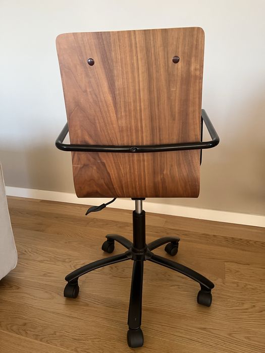 Cadeira escritorio madeira, estofo cinzento