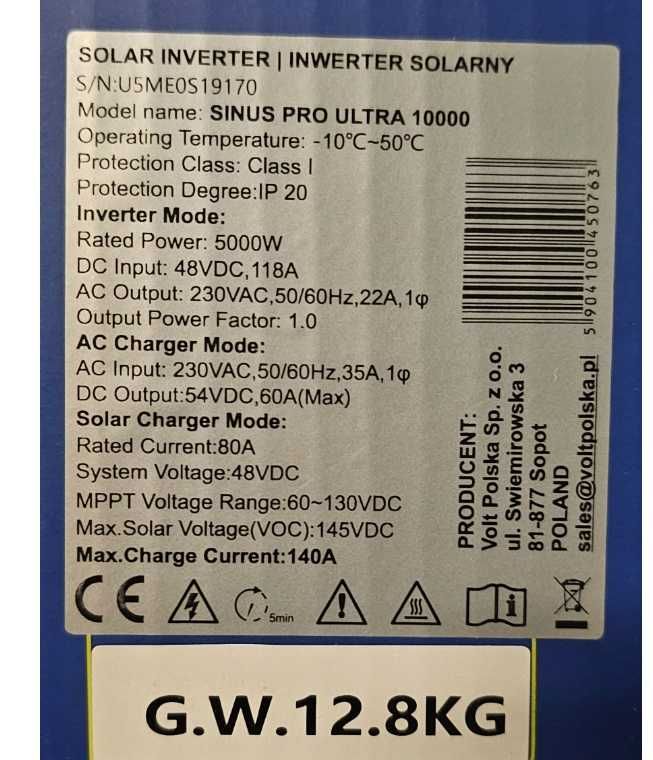 Гібридний сонячний інвертор Volt Polska SINUS PRO 10кВт 3SSH500048
