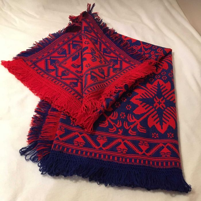 Wełniana gruba bardzo duża narzuta 2 warstwowa PRL