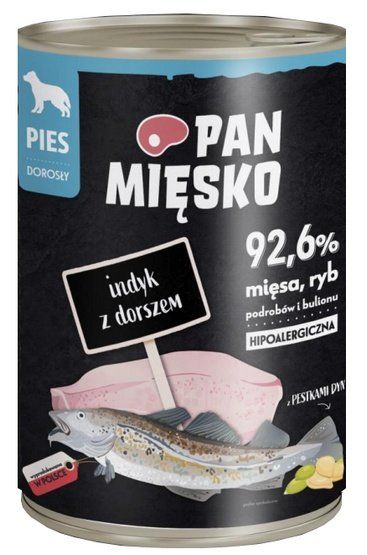 Karma dla psa o dużej zawartości mięsa Pan Mięsko Indyk z dorszem 400g