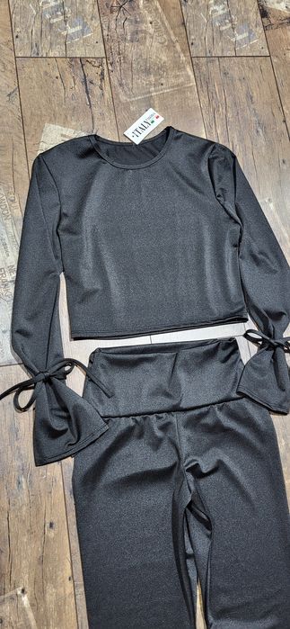 Czarny komplet damski top bluzka legginsy wiązania wysoki stan S M