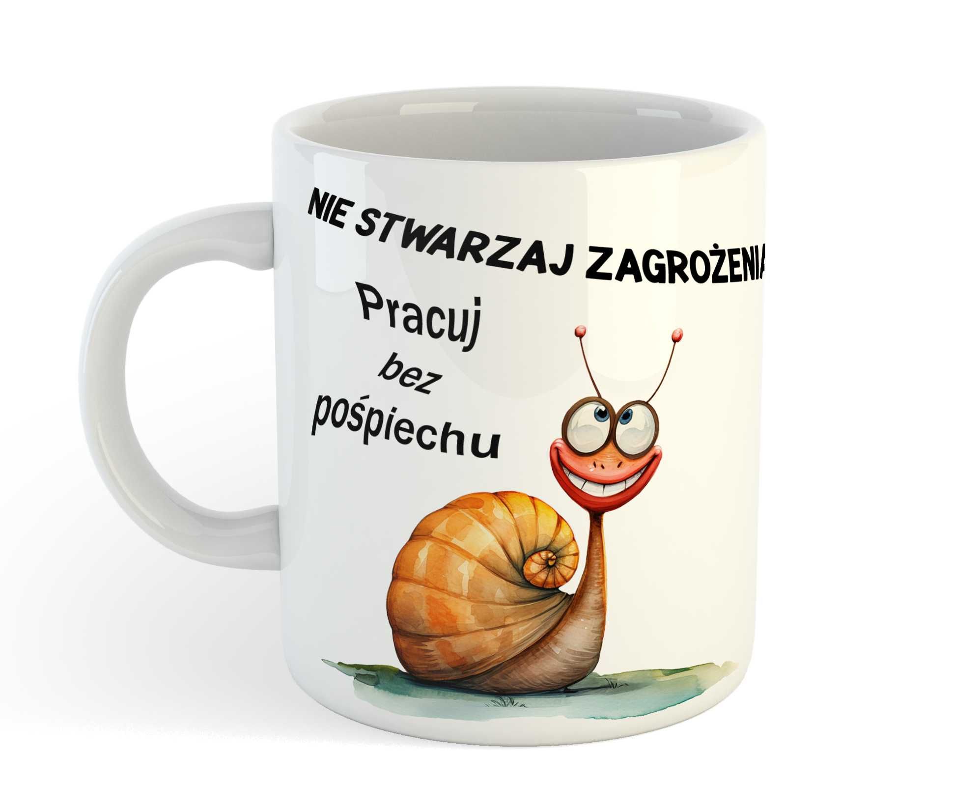 Kubek dla pracoholika "Nie stwarzaj zagrożenia.." zabawny prezent.