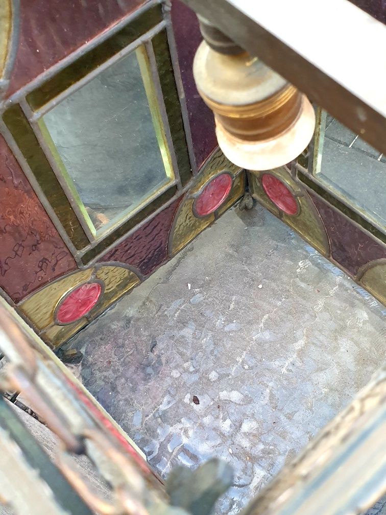 Grande antigo candeeiro de tecto Arte Nova com vitrais