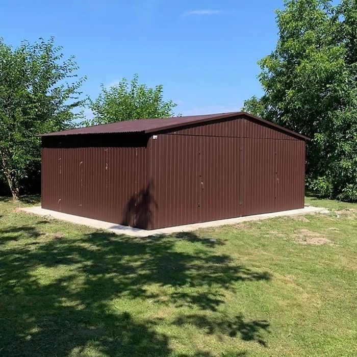Garaż blaszany dwustanowiskowy 6x5 m ciemny brąz - Dach dwuspadowy, Br