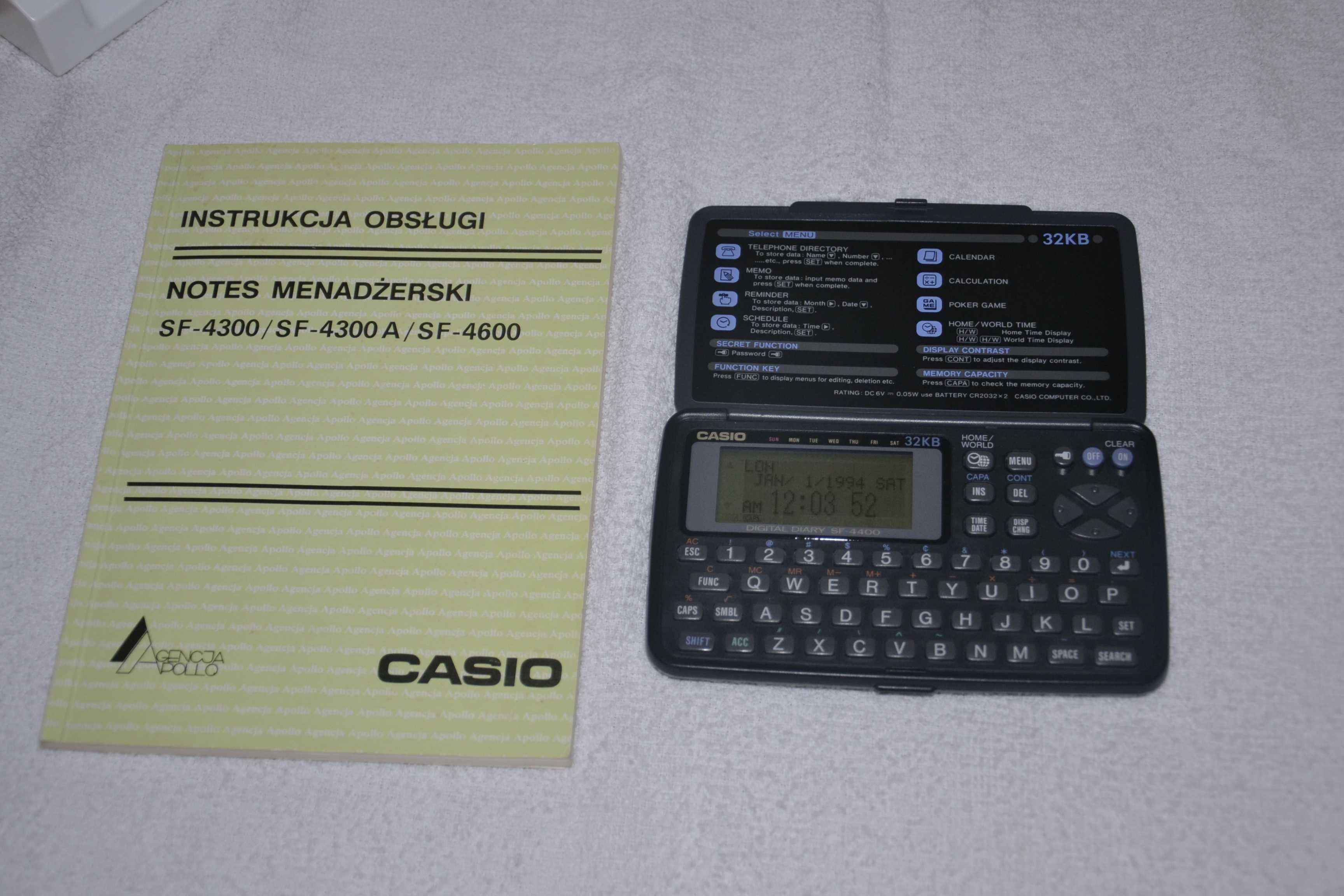 Elektroniczny notes menadżerski CASIO SF-4400, pudełko, instrukcja PL