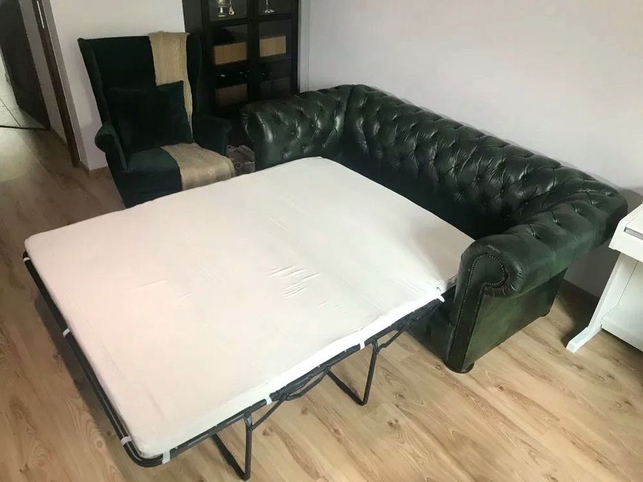 Sofa skórzana chesterfield zielona, skóra naturalna antykowana, 3 os.
