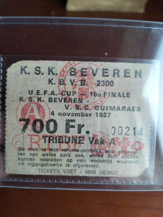 Antigo bilhete Beveren x Vitória de Guimarães (1987)