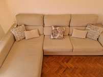 Sofá Chaise Longue bege com Cama e 2 Bancos